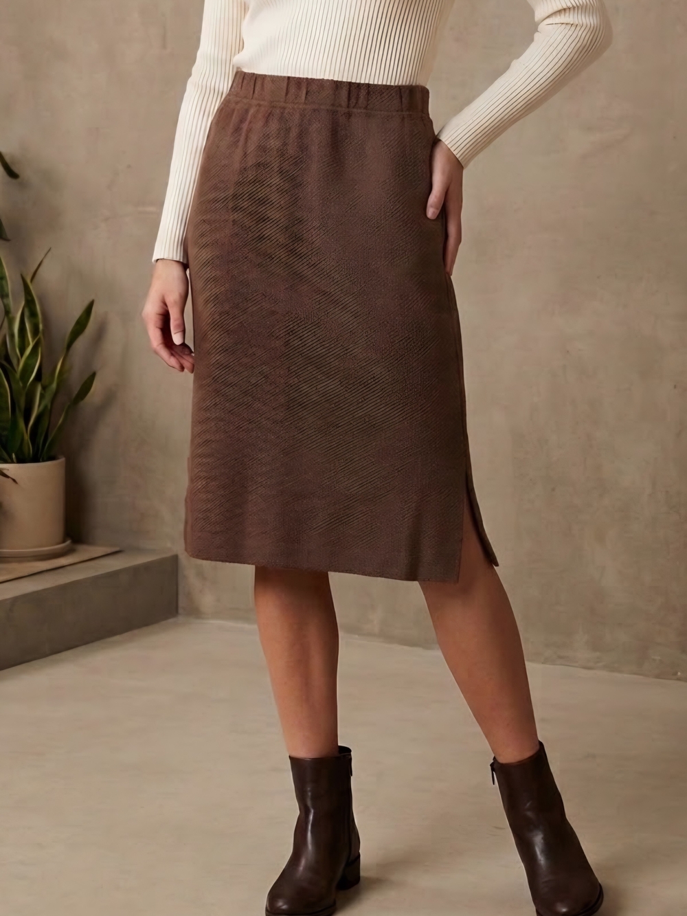 St. John Chocolate Brown Knit Midi Skirt with Side Slit
